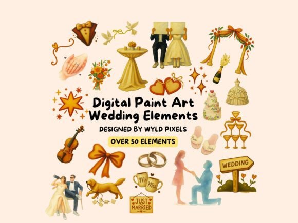 Whimsical Wedding Painted PNG Bundle: Elevate Your Designs